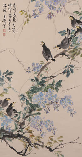 A Chinese Flower Painting Paper Scroll, Wang Xuetao Mark