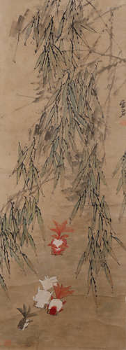 A Chinese Goldfish Painting Paper Scroll, Xu Gu Mark