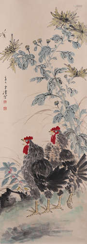 A Chinese Rooster Painting Paper Scroll, Wang Xuetao Mark