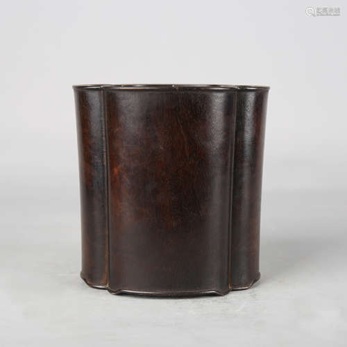 A Carved Sandalwood Lobed Brush Pot