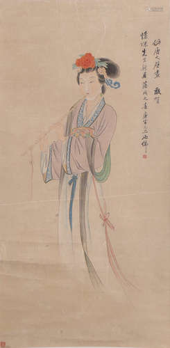 A Chinese Lady Painting Paper Scroll, Hu Yefo Mark