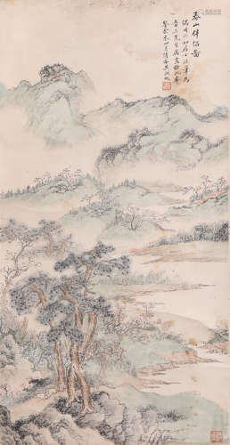 A Chinese Landscape Painting Paper Scroll, Wu Hufan Mark