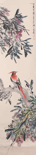 A Chinese Flower and Bird Painting Paper Scroll, Jiang Hanti...