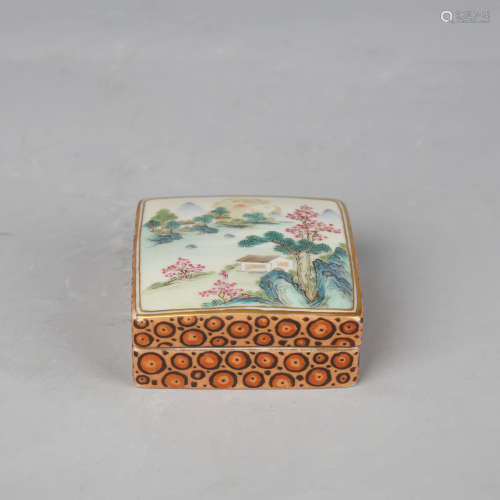 A Famille Rose Landscape Seal Box with Cover