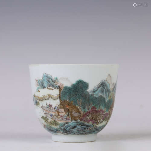 A Famille Rose Landscape and Figure Cup