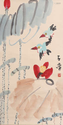 A Chinese Flower and Bird Painting Paper Scroll, Cui Zifan M...