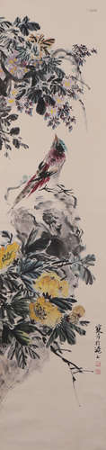 A Chinese Flower and Bird Painting Paper Scroll, Jiang Hanti...