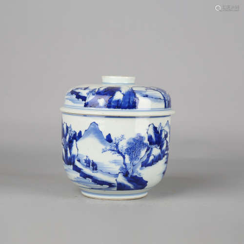 A Blue and White Landscape Jar with Cover