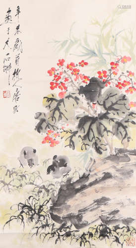 A Chinese Flower and Bird Painting Paper Scroll, Tang Yun Ma...