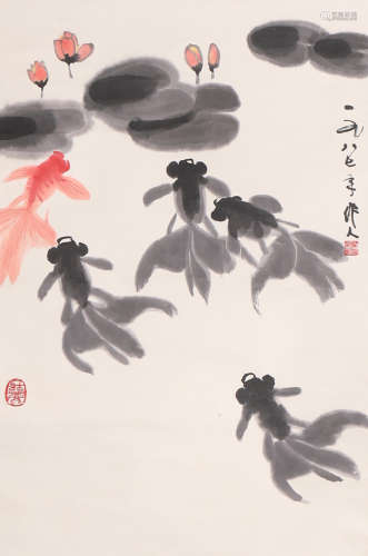A Chinese Goldfish Painting Paper Scroll, Wu Zuoren Mark