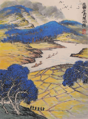 A Chinese Landscape Painting Paper Scroll, Zhu Qizhan Mark
