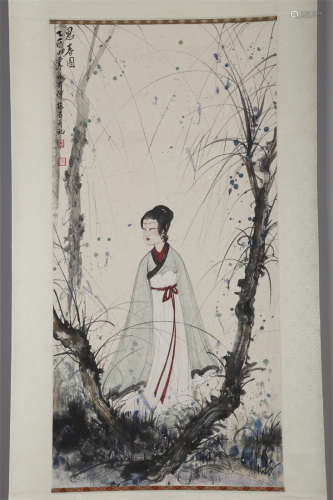 A Maid Painting on Paper by Fu Baoshi.