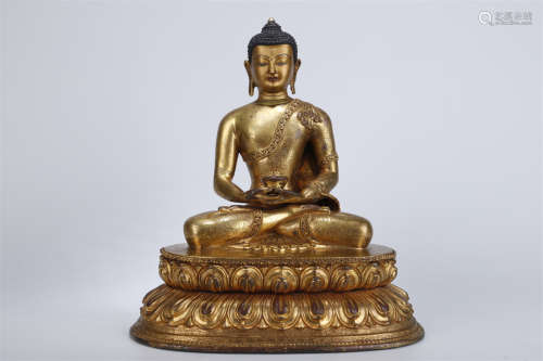 A Gilt Copper Amitayus Buddha Statue.