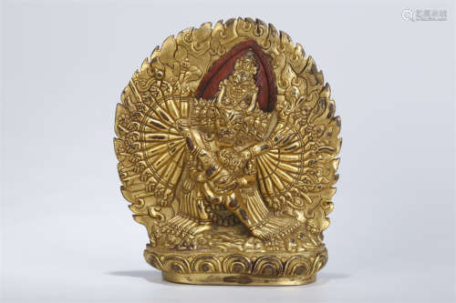 A Gilt Copper Yamantaka Buddha Statue.