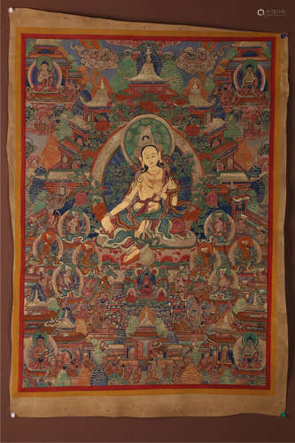 A Cattlehide Green Tara Buddha Thangka.