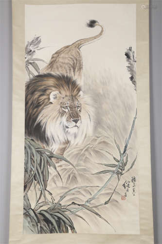 A Lion Painting on Paper by Liu Jiyou.