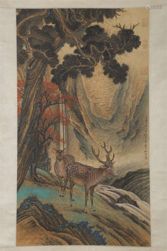 A Sika Deer Painting on Silk by Zhang Ziang.