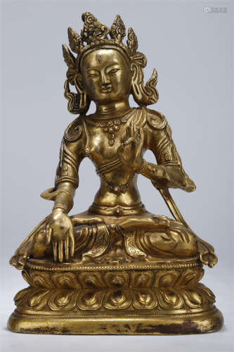 A Gilt Copper Green Tara Buddha Statue.