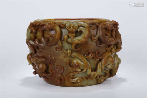 An Antique Jade Jar with Dragon Design.