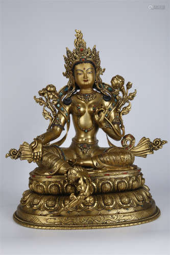 A Gilt Copper Green Tara Buddha Statue.