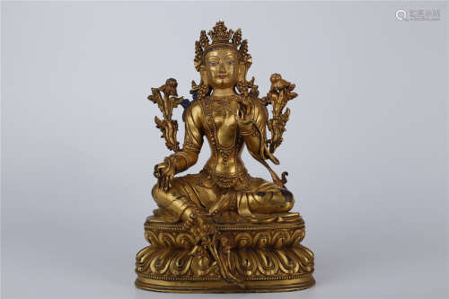 A Gilt Bronze Green Tara Buddha Statue