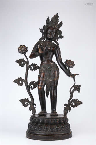A Copper Buddha Statue, Holding Lotus Flower