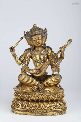 A Gilt Copper Sarasvati Buddha Statue, Ming Dyn.