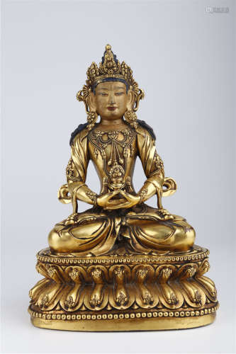 A Gilt Copper Amitayus Buddha Statue, Ming Dyn.