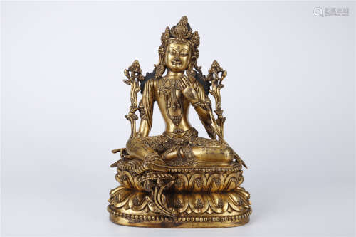 A Gilt Copper Tara Buddha Statue, Ming Dyn.
