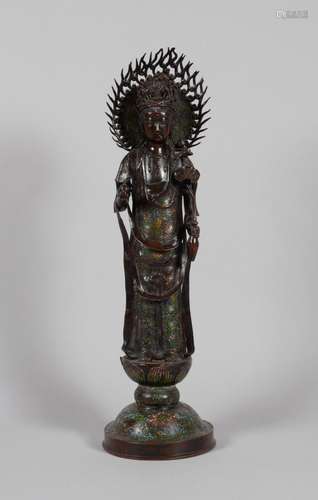 JAPON Statue de Bouddha en bronze et émaux champlevés, repré...