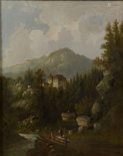 J. BERKLIN (XIXème) Paysage de montagne avec un château Huil...