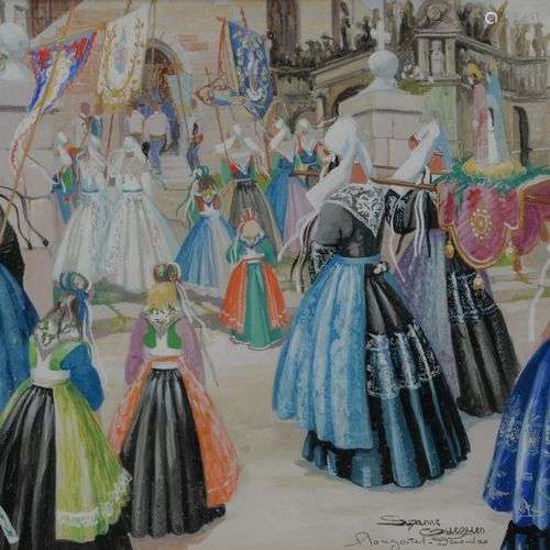 Suzanne GUEGUEN (XXème) Procession à Plougastel Aquarelle et...