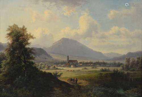 Franz BARBARINI (1804-1873) Paysage animée avec une église a...