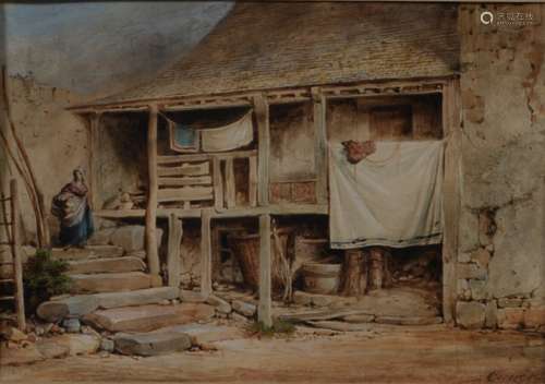 Eugène CICERI (1813-1890) La maison au linge étendu Aquarell...