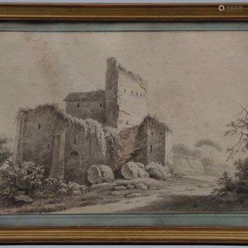 Giuseppe CICERI (XVIIIème) Paysage avec une ruine Lavis d'en...