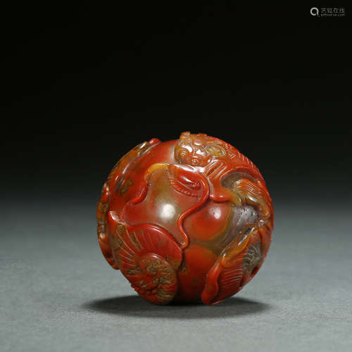 Qing Dynasty,Agate Dragon Pattern Bead