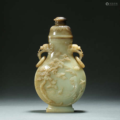 Qing Dynasty,Hetian Jade Beast Ear Flat Bottle