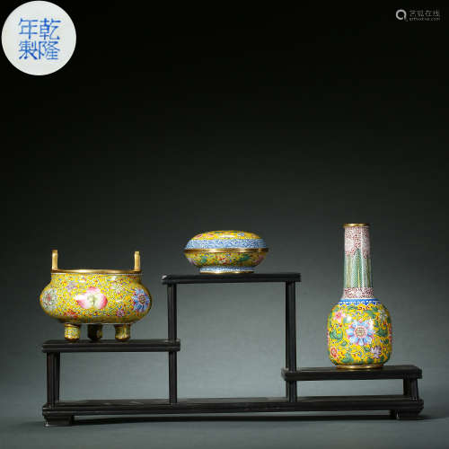 Qing Dynasty,Copper Painting Enamel Furnace， Bottle, Box