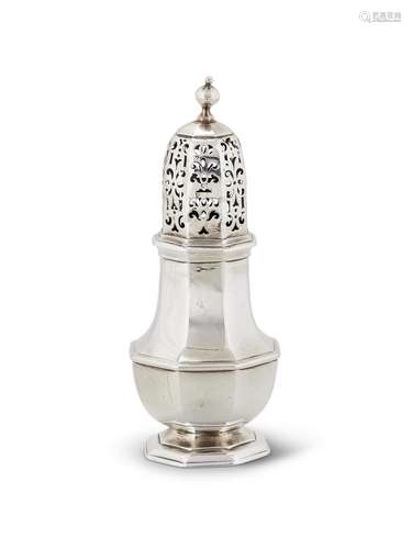 A QUEEN ANNE SILVER OCTAGONAL BALUSTER SUGAR CASTER BY CHARL...