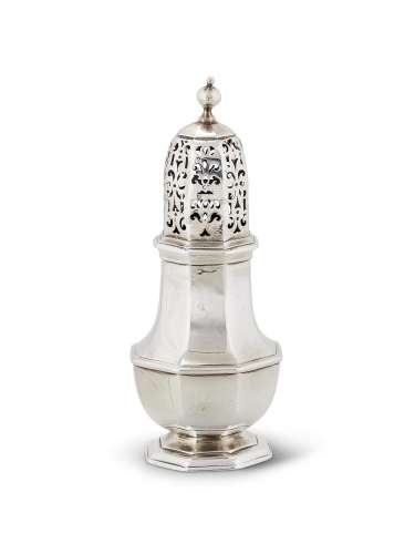 A QUEEN ANNE SILVER OCTAGONAL BALUSTER SUGAR CASTER BY CHARL...