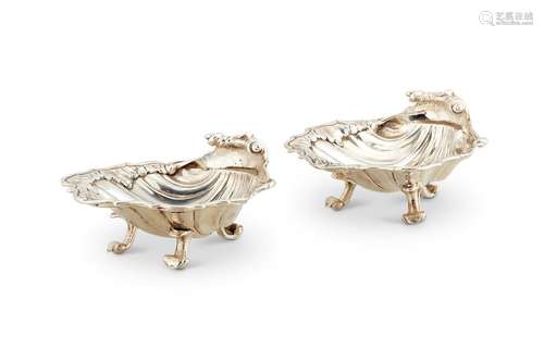 A PAIR OF GEORGE II SILVER SHELL SHAPED SALT CELLARS