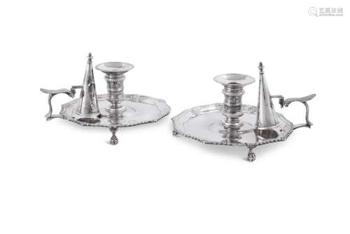 A MATCHED PAIR OF GEORGE III SILVER OCTOFOIL CHAMBER CANDLES...