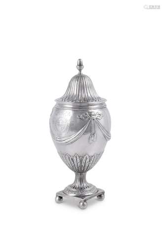 A GEORGE III SILVER OVOID PEDESTAL SUGAR VASE AND COVER BY C...