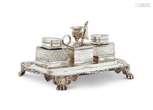 A LATE GEORGE III SILVER SHAPED RECTANGULAR INKSTAND BY REBE...