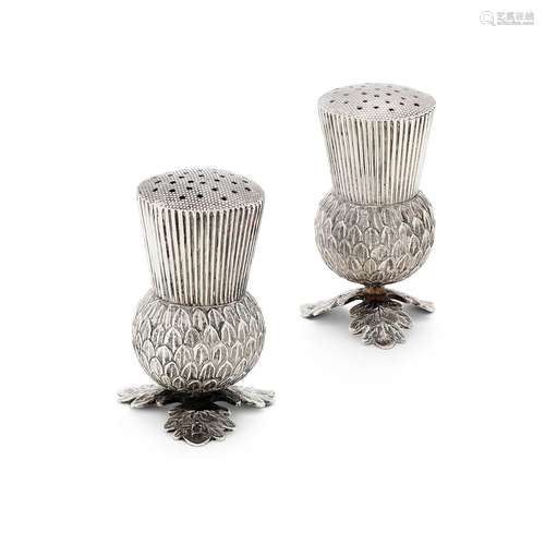 A MATCHED PAIR OF WILLIAM IV SILVER NOVELTY THISTLE PEPPERET...