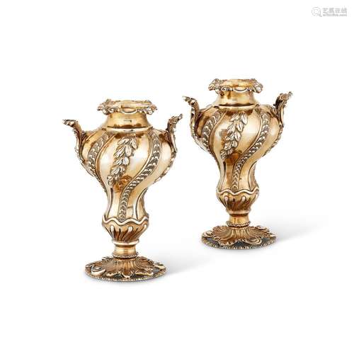 A PAIR OF EDWARDIAN SILVER GILT INVERTED BALUSTER VASES BY C...