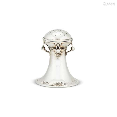 AN ARTS AND CRAFTS SILVER PEPPER POT BY OMAR RAMSDEN & A...