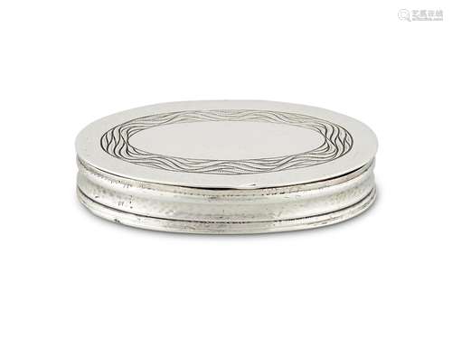 AN ARTS AND CRAFTS HAMMERED SILVER OVAL POCKET BOX BY OMAR R...