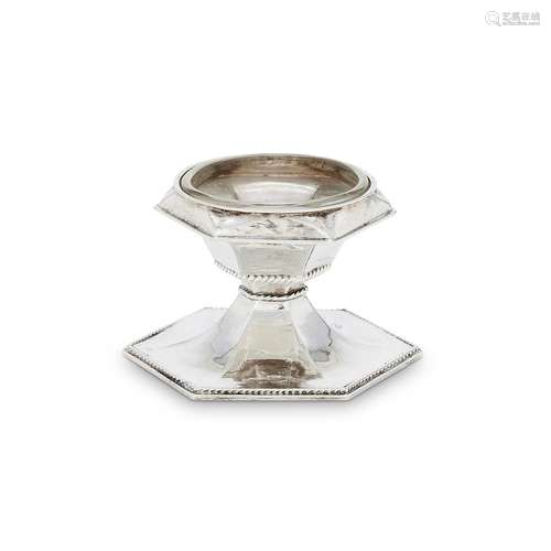 AN ARTS AND CRAFTS SILVER HEXAGONAL SALT CELLAR BY OMAR RAMS...