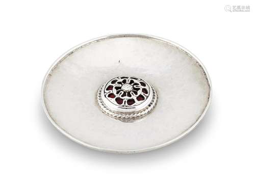 AN ARTS AND CRAFTS HAMMERED SILVER AND ENAMEL SMALL PIN DISH...